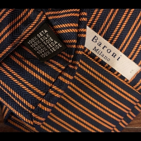 🌿SALE🌿BARONI Milano Silk Black Orange Striped Necktie - Picture 7 of 10